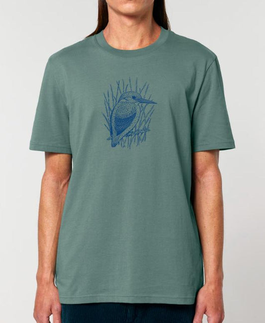 Kingfisher T-Shirt — Hand-Printed Organic Cotton Tee for Bird Lovers