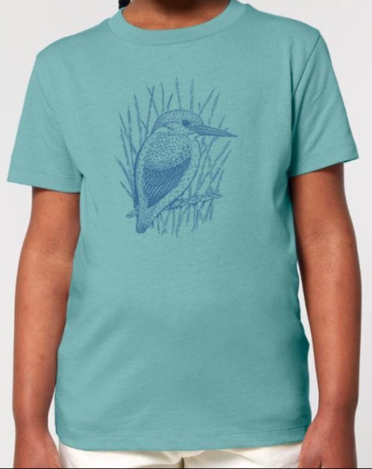 Child wearing a teal t-shirt with a blue graphic design on a white background