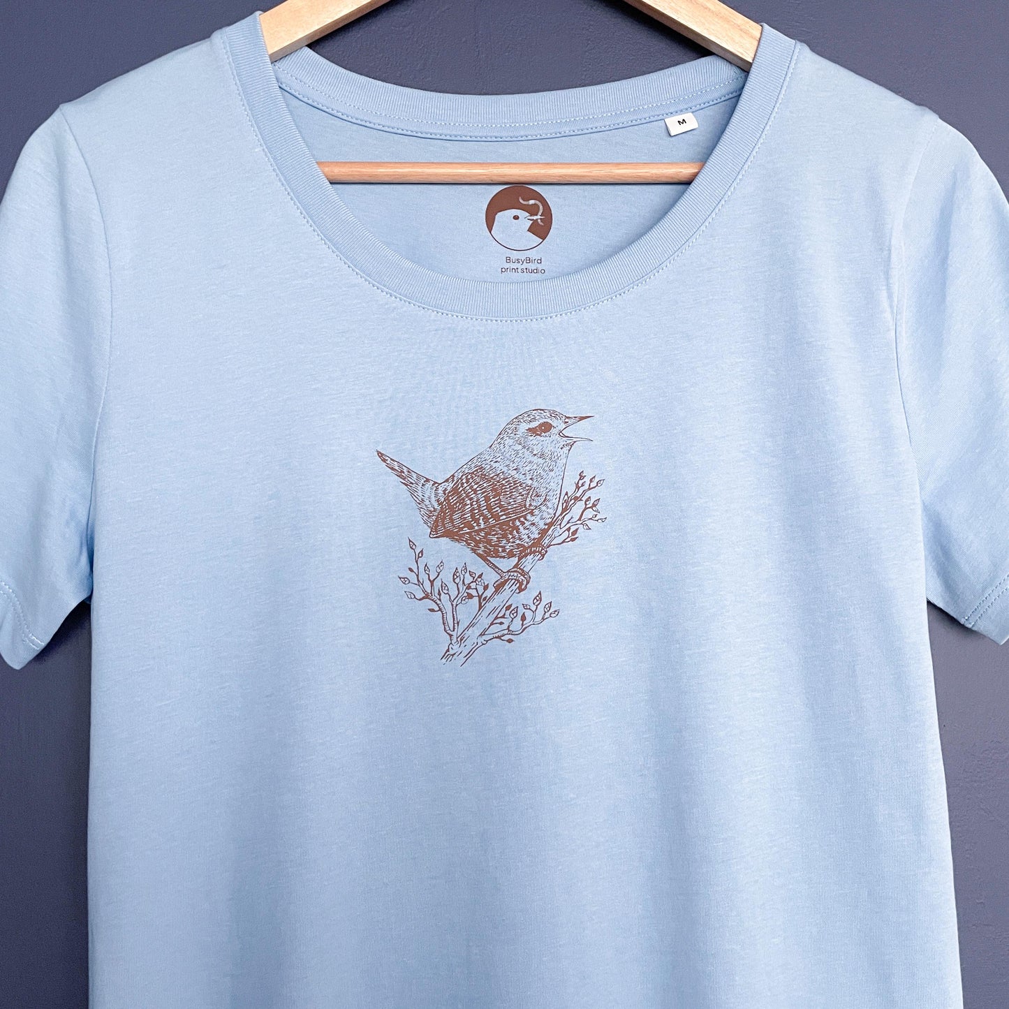 Wren T-Shirt — Hand-Printed Organic Cotton Tee in Blue Soul | Women's Fit