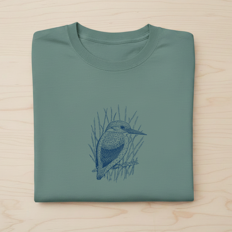 Kingfisher T-Shirt — Hand-Printed Organic Cotton Tee for Bird Lovers