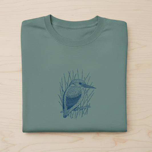 Kingfisher T-Shirt — Hand-Printed Organic Cotton Tee for Bird Lovers