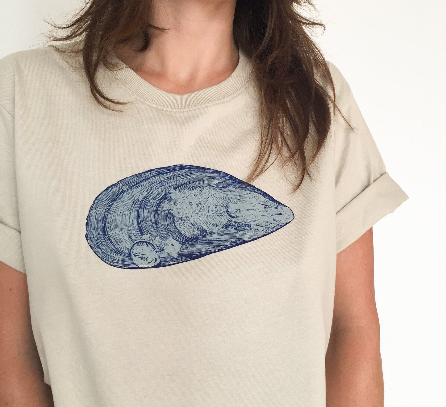 Mussel T-Shirt — Hand-Printed Organic Cotton Tee for Ocean Lovers