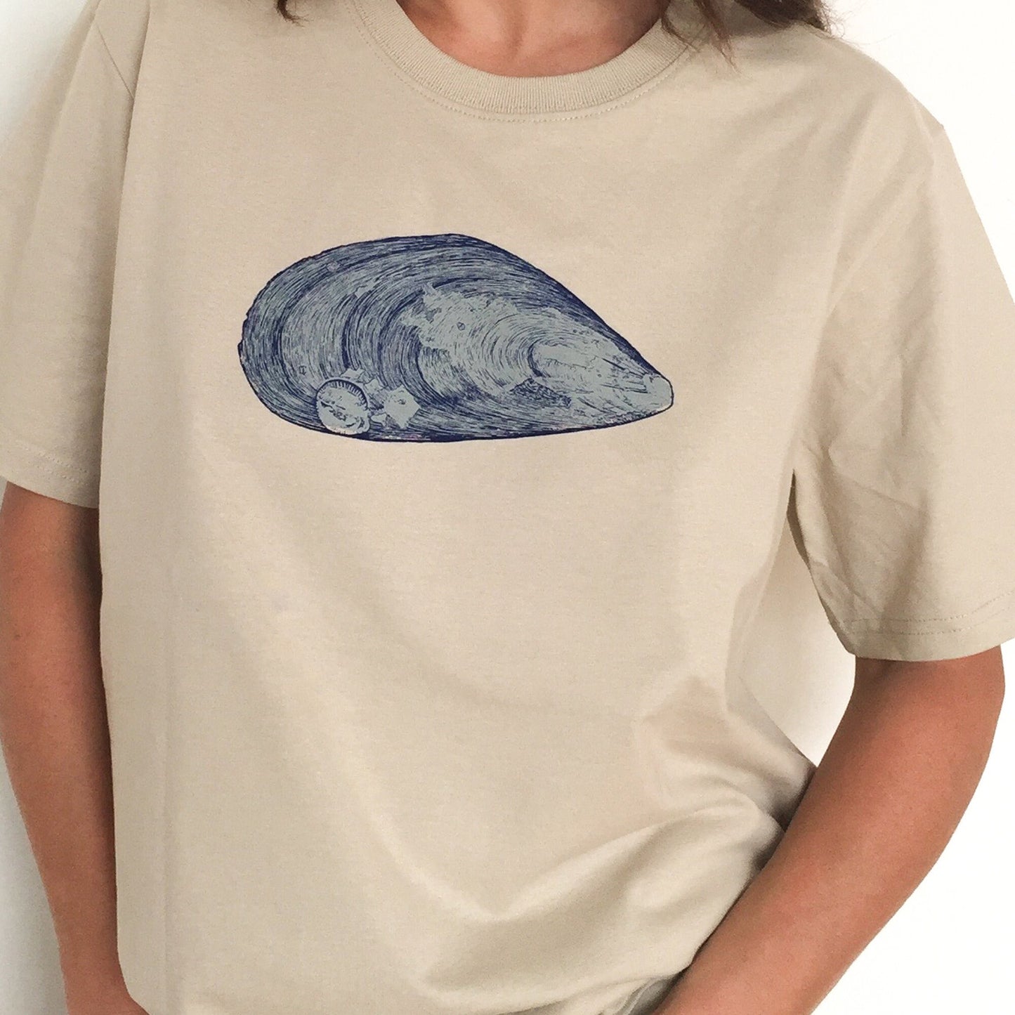 Mussel T-Shirt — Hand-Printed Organic Cotton Tee for Ocean Lovers