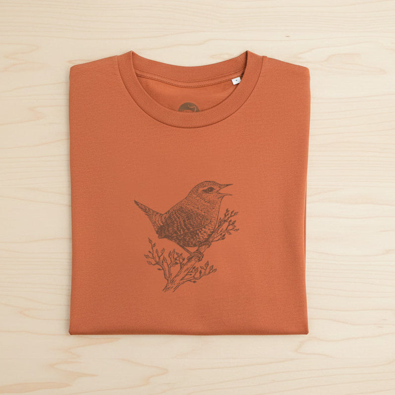 Wren T-Shirt — Hand-Printed Organic Cotton Tee for Birdwatchers